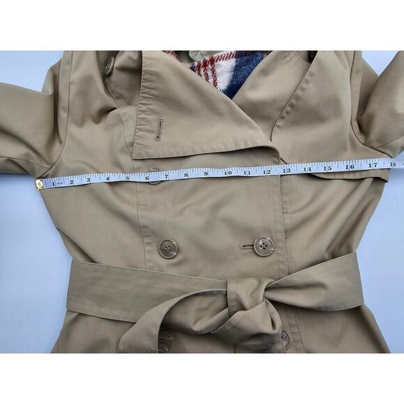 Vtg Women's XS Tan Trench Coat w/Detachable Blue Plaid Wool Liner & Collar - Picture 14 of 16
